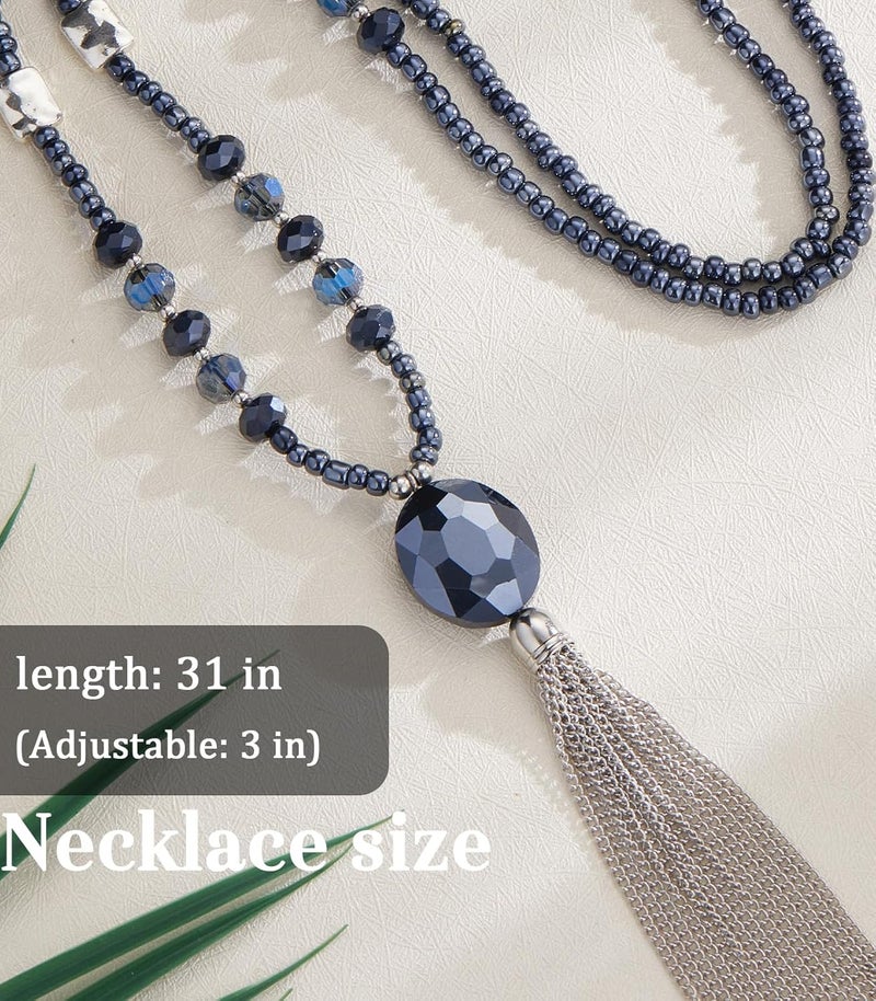 BULINLIN Boho Beaded Long Necklaces for Women Chunky Bead Pendant Necklace with Crystal Tassel Costume Jewelry Gifts for Her - Image 5